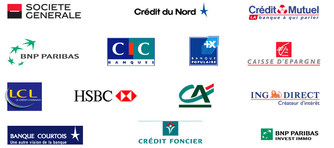 Societe générale, crédit du nord, crédit mutuel, BNP Paribas, CIC, Banque Populaire, Caisse d'épargne, LCL, HSBC, CA, ING DIRECT, Banque Courtois, Crédit Foncier